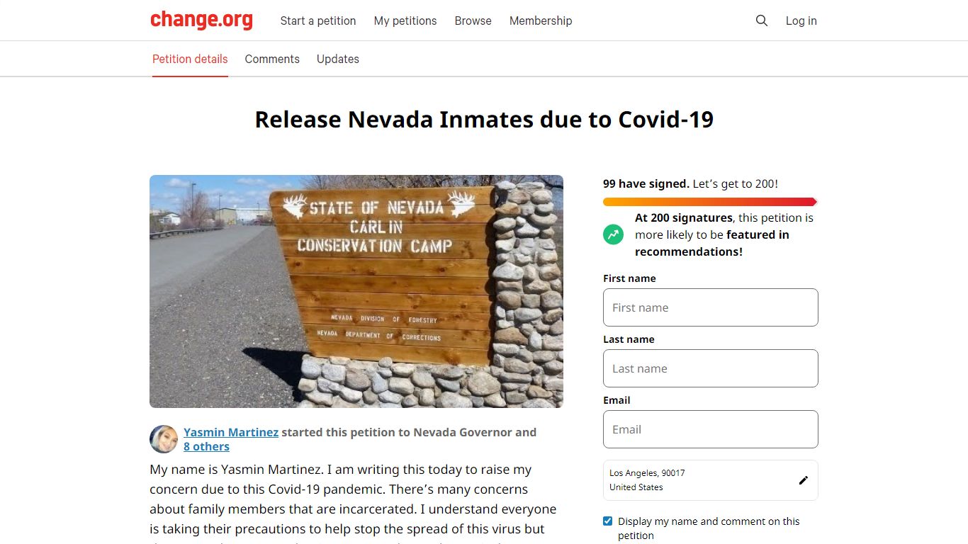 Petition · Release Nevada Inmates due to Covid-19 · Change.org
