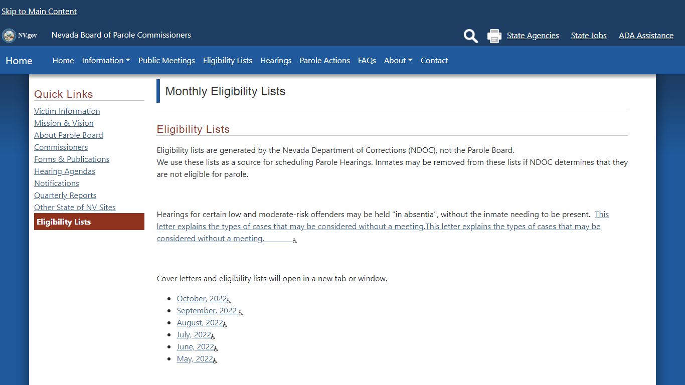 Monthly Eligibility List - Nevada